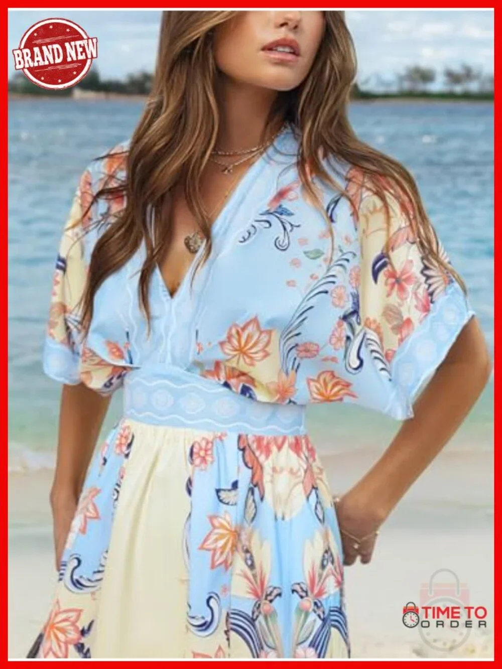 Women's Boho Maxi Dress V-Neck Half Sleeve Side Slit Empire Waist